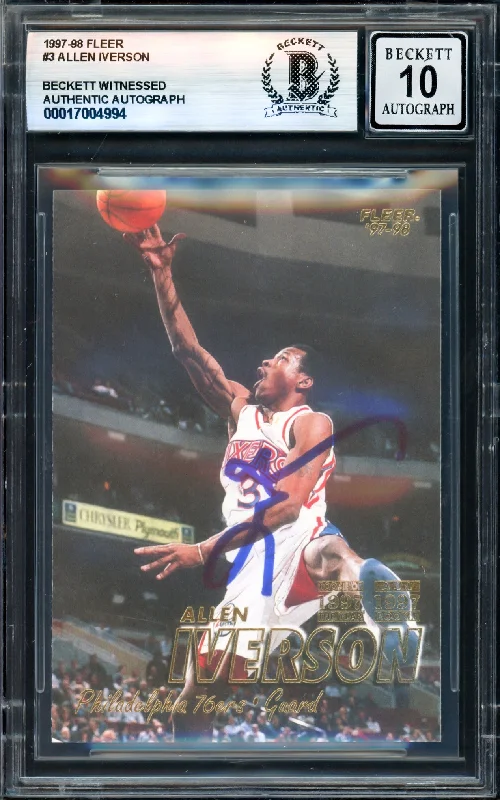 Basketball cards rivalry-rarity -Allen Iverson Autographed 1997-98 Fleer Card #3 Philadelphia 76ers Auto Grade Gem Mint 10 Beckett BAS Witness #17004994