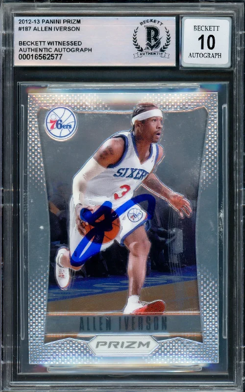 Basketball cards smooth-rare -Allen Iverson Autographed 2012-13 Panini Prizm Card #187 Philadelphia 76ers Auto Grade Gem Mint 10 Beckett BAS Witnessed