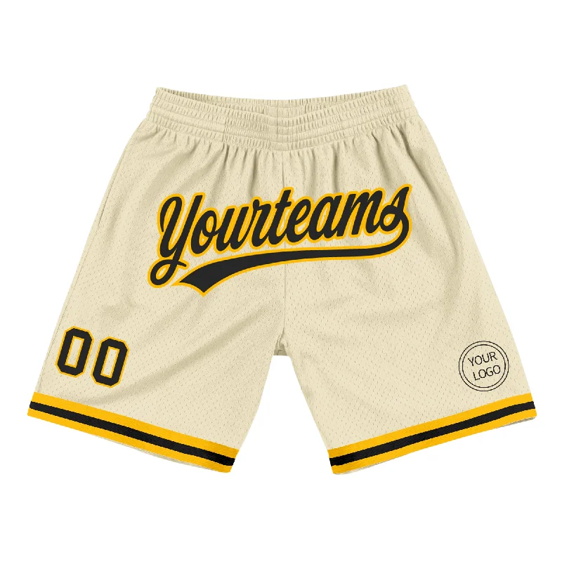 Men's basketball shorts team emblem -Custom Cream Black-Gold Authentic Throwback Basketball Shorts