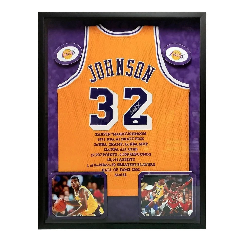 Basketball jerseys pro-comfort -Magic Johnson Signed Lakers Jersey Framed #D32/32 JSA COA Autograph Lakers