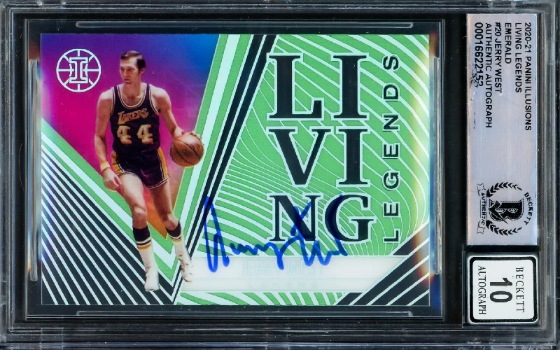 Basketball cards nostalgic-rarity -Jerry West Autographed 2020-21 Panini Illusions Living Legends Emerald Card #20 Card Los Angeles Lakers Auto Grade Gem Mint 10 Beckett BAS