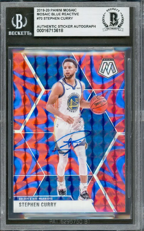 Basketball cards off-court-rarity -Stephen Curry Autographed 2019-20 Mosaic Prizm Reactive Blue Card #70 Golden State Warriors Beckett BAS