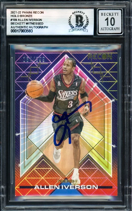 Basketball cards all-rookie-rare -Allen Iverson Autographed 2021-22 Panini Recon Holo Recon Card #189 Philadelphia 76ers Auto Grade Gem Mint 10 #164/299 Beckett BAS Witness #17003593