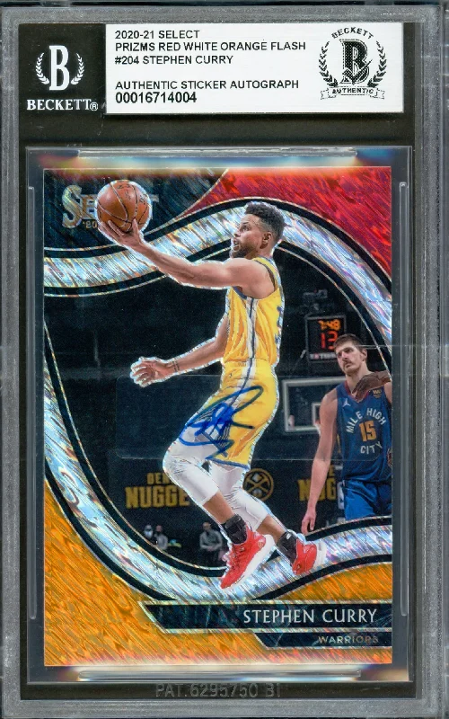 Basketball cards modern-rarity -Stephen Curry Autographed 2020-21 Select Prizm Red White Orange Flash Card #204 Golden State Warriors Beckett BAS #16714004