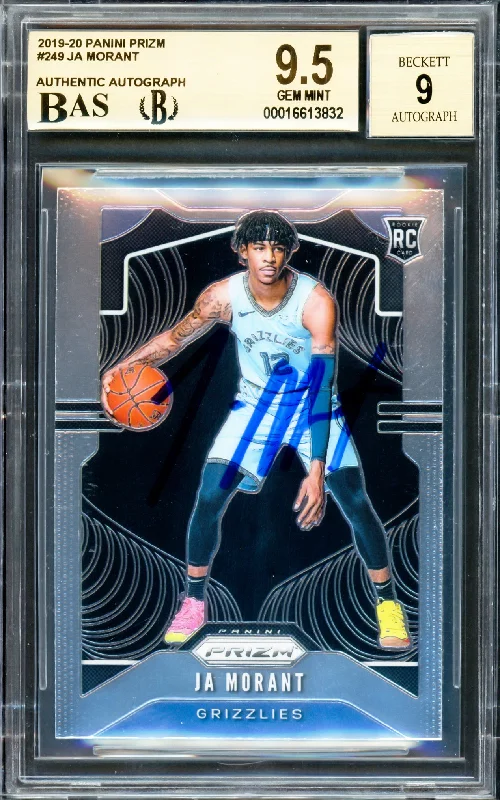 Basketball cards graded-high -Ja Morant Autographed 2019-20 Panini Prizm Rookie Card #249 Memphis Grizzlies BGS 9.5 Auto Grade Mint 9 Beckett BAS