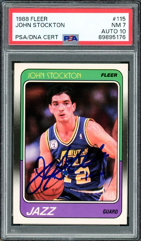 Basketball cards bonus-rarity -John Stockton Autographed 1988-89 Fleer Rookie Card #115 Utah Jazz PSA 7 Auto Grade Gem Mint 10 PSA/DNA #89895176