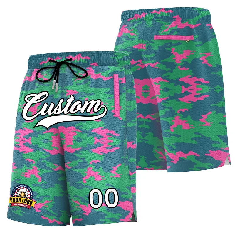 Men's basketball shorts mesh lining -Custom Green White Black Camo Basketball Shorts