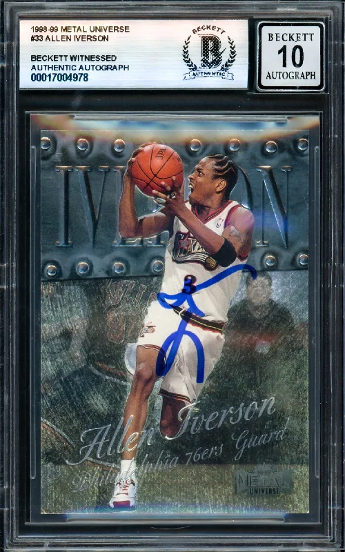 Basketball cards buzzer-rare -Allen Iverson Autographed 1998-99 Metal Universe Card #33 Philadelphia 76ers Auto Grade Gem Mint 10 Beckett BAS Witness #17004978