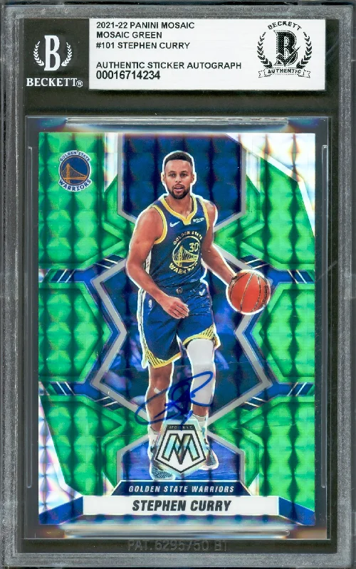 Basketball cards declining-rare -Stephen Curry Autographed 2021-22 Panini Mosaic Green Prizm Card #101 Golden State Warriors Beckett BAS #16714234