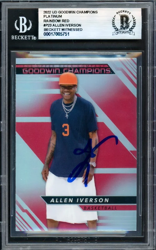 Basketball cards UV-rarity -Allen Iverson Autographed 2022 Upper Deck Goodwin Champions Platinum Rainbow Red Card #P23 Philadelphia 76ers Beckett BAS Witness #17005751