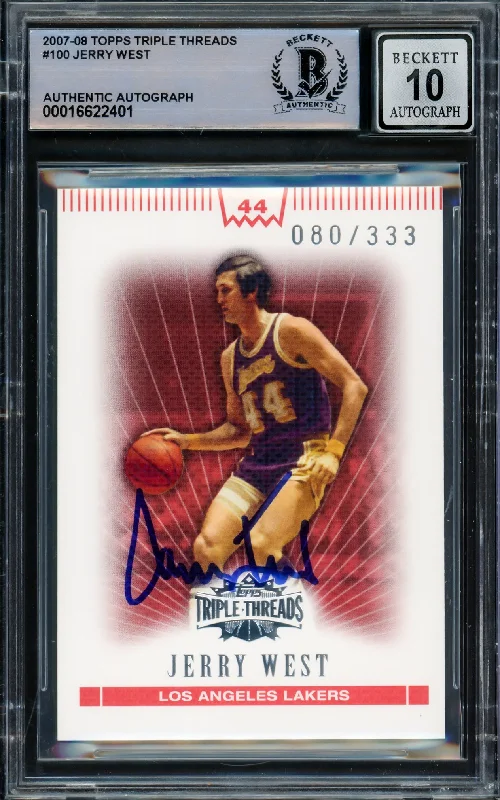 Basketball cards signed-treasure -Jerry West Autographed 2007-08 Topps Triple Threads Card #100 Card Los Angeles Lakers Auto Grade Gem Mint 10 Beckett BAS