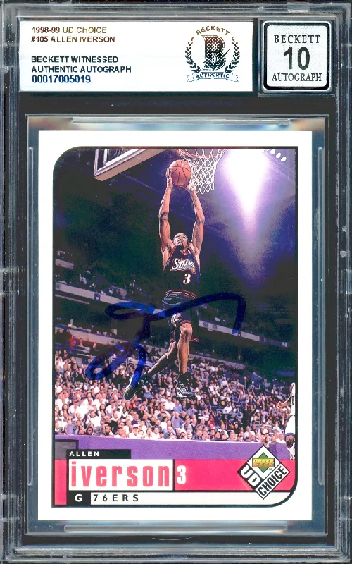 Basketball cards digital-rare -Allen Iverson Autographed 1998-99 UD Choice Card #105 Card Philadelphia 76ers Auto Grade Gem Mint 10 Beckett BAS Witness