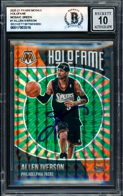 Basketball cards sleeper-classic -Allen Iverson Autographed 2020-21 Panini Mosaic Holofame Green Card #1 Philadelphia 76ers Auto Grade Gem Mint 10 Beckett BAS Witness #17003516