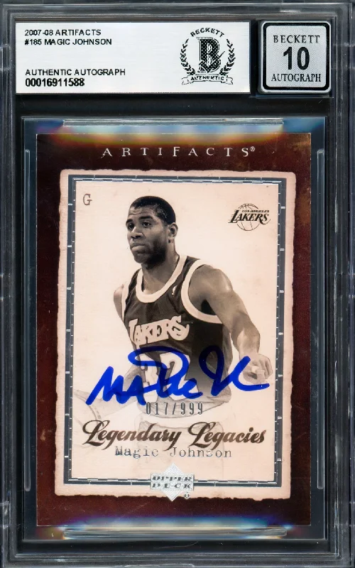 Basketball cards MVP-moment -Magic Johnson Autographed 2007-08 Artifacts Card #185 Card Los Angeles Lakers Auto Grade Gem Mint 10 Beckett BAS