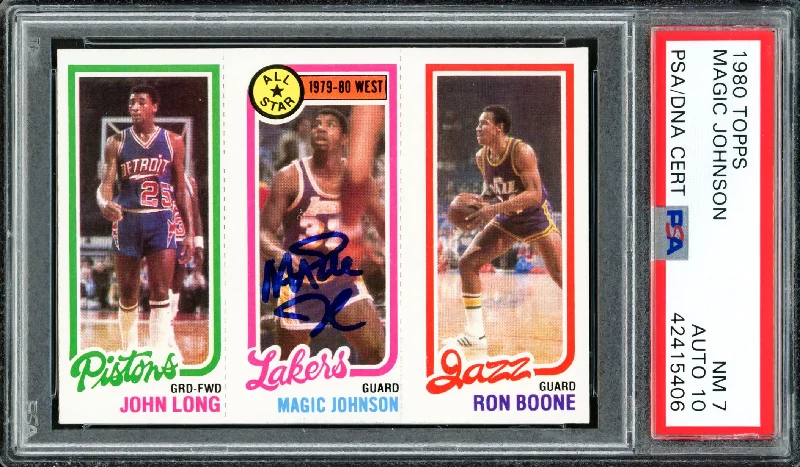 Basketball cards scoring-rare -Magic Johnson Autographed 1980 Topps Rookie Card #18 Los Angeles Lakers PSA 7 Auto Grade Gem Mint 10 PSA/DNA #42415406