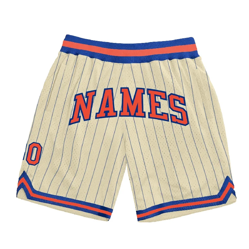 Men's basketball shorts sport set -Custom Cream Royal Pinstripe Orange-Royal Authentic Basketball Shorts