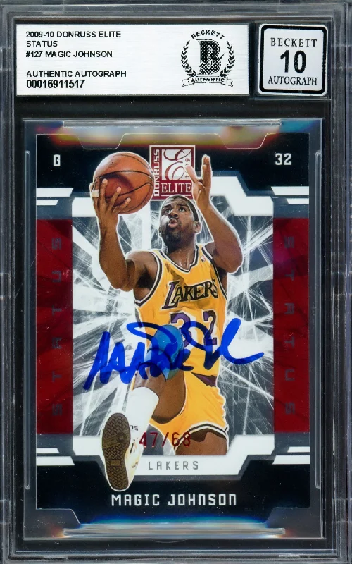 Basketball cards fan-favorite-rare -Magic Johnson Autographed 2009-10 Donruss Elite Status Card #127 Los Angeles Lakers Auto Grade Gem Mint 10 #47/68 Beckett BAS #16911517