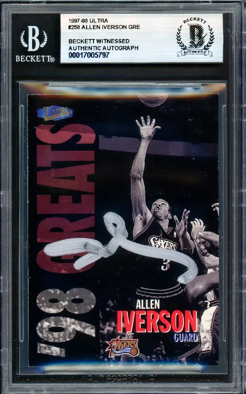 Basketball cards UV-rarity -Allen Iverson Autographed 1997-98 Fleer Ultra Card #258 Philadelphia 76ers Beckett BAS Witness #17005797