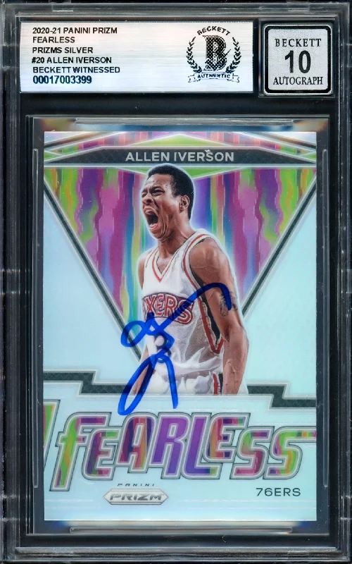 Basketball cards champion-rarity -Allen Iverson Autographed 2020-21 Panini Prizm Fearless Prizms Silver Card #20 Philadelphia 76ers Auto Grade Gem Mint 10 Beckett BAS Witness #17003399