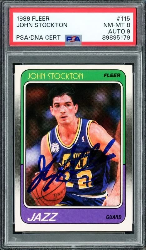 Basketball cards college-rare -John Stockton Autographed 1988-89 Fleer Rookie Card #115 Utah Jazz PSA 8 Auto Grade Mint 9 PSA/DNA #89895179