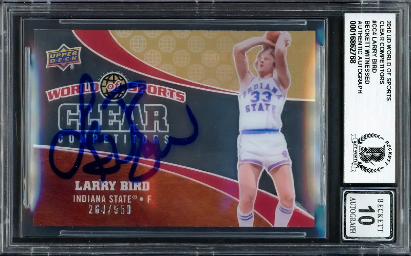 Basketball cards physical-rarity -Larry Bird Autographed 2010 Upper Deck World of Sports Clear Competitors Card #CC4 Boston Celtics Auto Grade Gem Mint 10 #264/550 Beckett BAS Witness #16862768