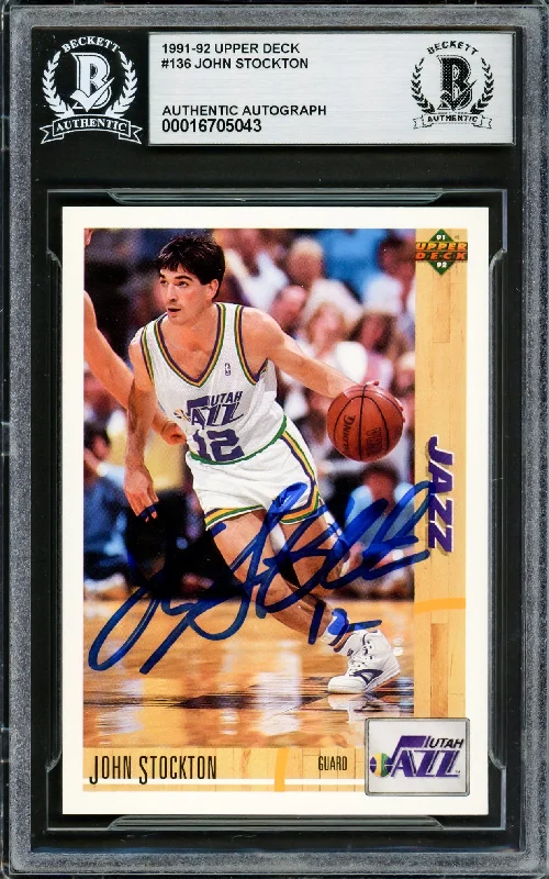 Basketball cards jersey-swatch -John Stockton Autographed 1991-92 Upper Deck Card #136 Utah Jazz Beckett BAS #16705043