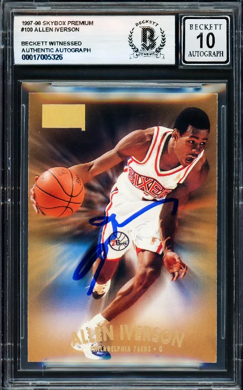 Basketball cards used-rare -Allen Iverson Autographed 1997-98 Skybox Premium Card #100 Card Philadelphia 76ers Auto Grade Gem Mint 10 Beckett BAS Witness