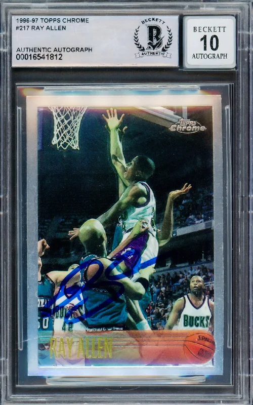 Basketball cards game-night-rarity -Ray Allen Autographed 1996 Topps Chrome Rookie Card #217 Milwaukee Bucks Auto Grade Gem Mint 10 Beckett BAS #16541812