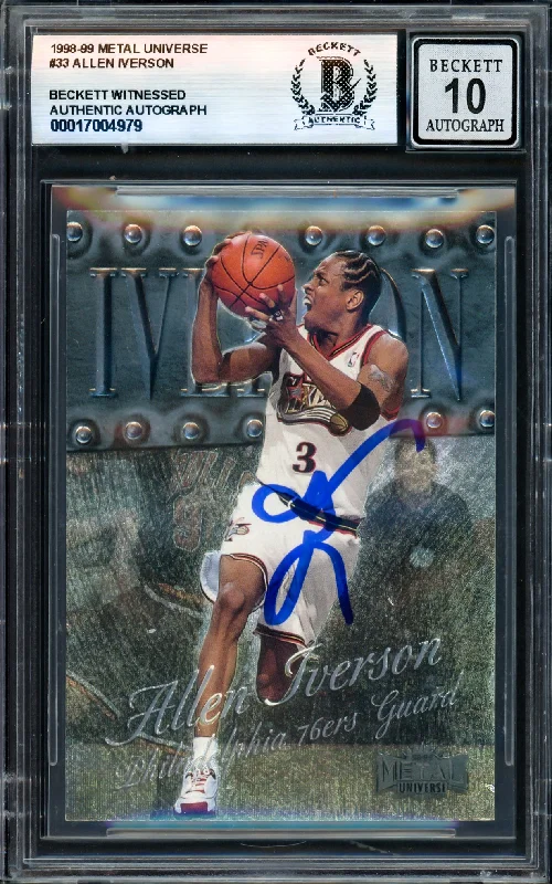 Basketball cards defensive-rarity -Allen Iverson Autographed 1998-99 Metal Universe Card #33 Philadelphia 76ers Auto Grade Gem Mint 10 Beckett BAS Witness #17004979