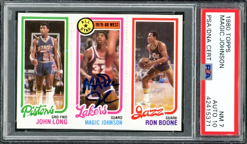 Basketball cards college-rare -Magic Johnson Autographed 1980 Topps Rookie Card #18 Los Angeles Lakers PSA 7 Auto Grade Gem Mint 10 PSA/DNA #42415371