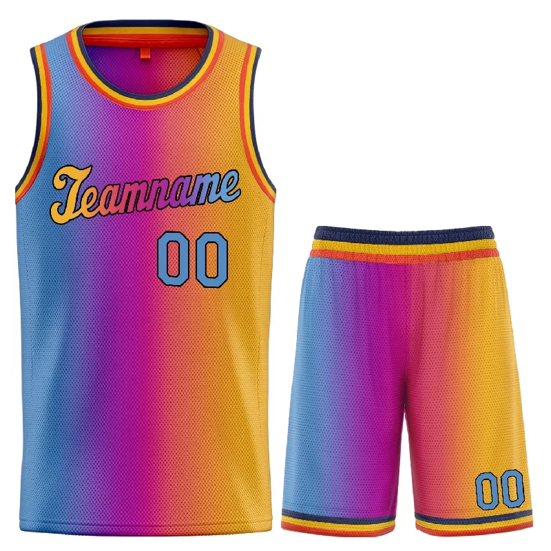 Basketball jerseys muted-tone -Custom Blue Pink-Yellow Gradient Fashion Sets Basketball Jersey