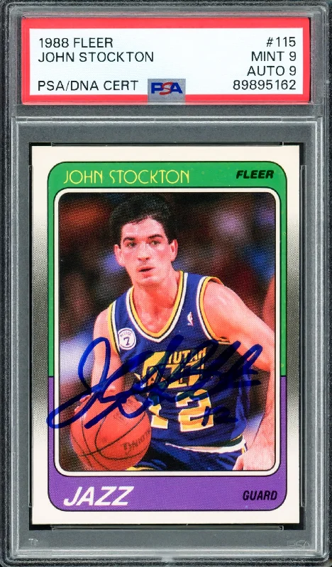 Basketball cards career-rare -John Stockton Autographed 1988-89 Fleer Rookie Card #115 Utah Jazz PSA 9 Auto Grade Mint 9 PSA/DNA #89895162