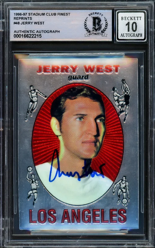 Basketball cards autographed-gem -Jerry West Autographed 1996-97 Stadium Club Finest Reprints Card #48 Card Los Angeles Lakers Auto Grade Gem Mint 10 #/333 Beckett BAS