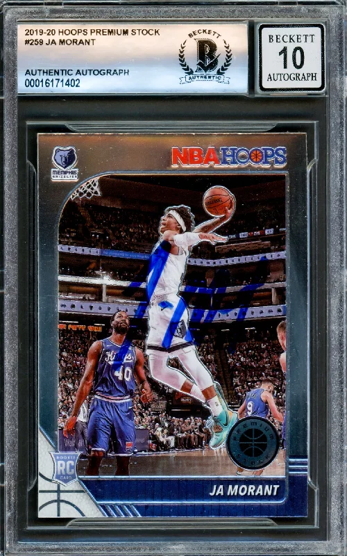 Basketball cards rookie-highlight -Ja Morant Autographed 2019-20 Panini Hoops Premium Stock Rookie Card #259 Memphis Grizzlies Auto Grade Gem Mint 10 Beckett BAS Stock #220780