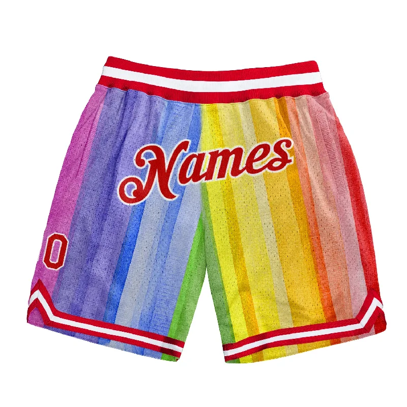 Men's basketball shorts quality ensemble -Custom Gold Red-White 3D Pattern Design Rainbow Authentic Basketball Shorts