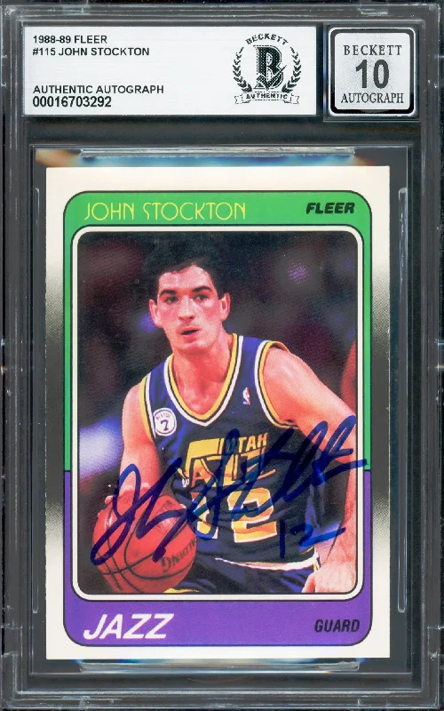 Basketball cards blockbuster-rare -John Stockton Autographed 1988-89 Fleer Rookie Card #115 Utah Jazz Auto Grade Gem Mint 10 Beckett BAS #16703292