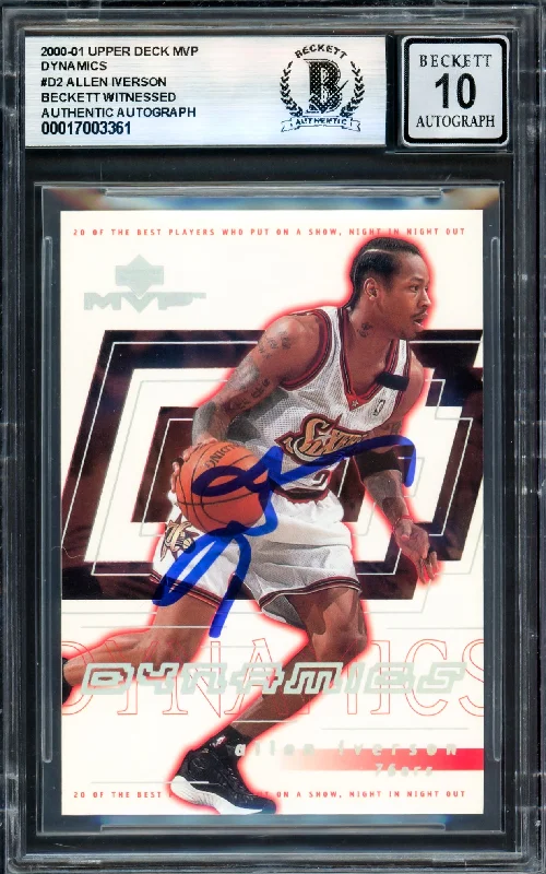 Basketball cards glossy-rare -Allen Iverson Autographed 2000-01 Upper Deck MVP Dynamics Card #D2 Philadelphia 76ers Auto Grade Gem Mint 10 Beckett BAS Witness #17003361