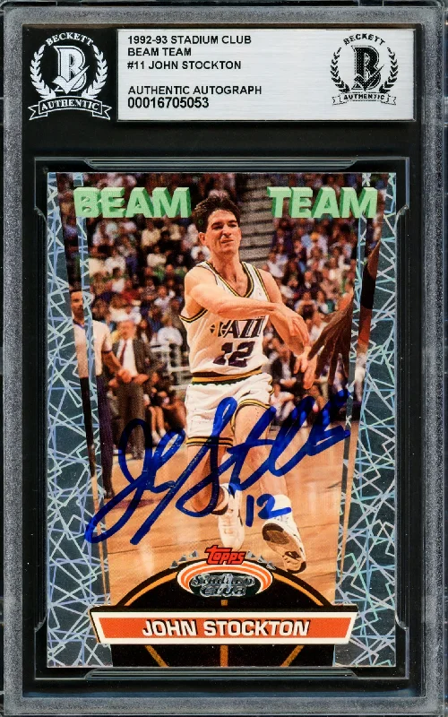 Basketball cards resealed-rarity -John Stockton Autographed 1992-93 Stadium Club Beam Team Card #11 Utah Jazz Beckett BAS