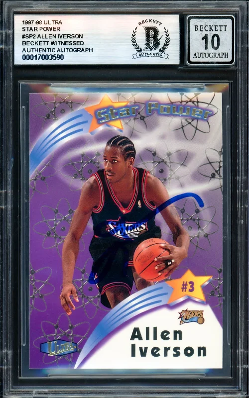 Basketball cards thick-rarity -Allen Iverson Autographed 1997-98 Fleer Ultra Star Power Card #SP2 Philadelphia 76ers Auto Grade Gem Mint 10 Beckett BAS Witness #17003590