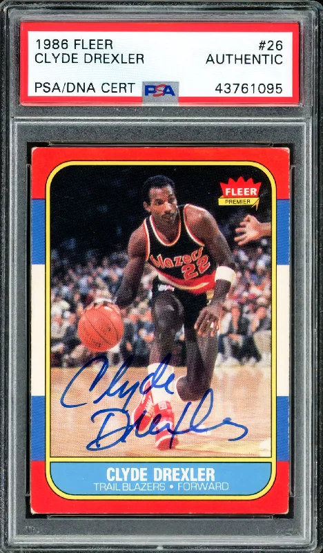 Basketball cards low-gloss-rare -Clyde Drexler Autographed 1986 Fleer Rookie Card #26 Portland Trail Blazers PSA/DNA #43761095