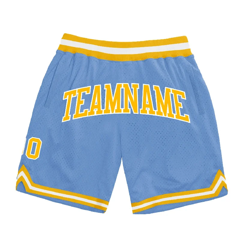 Men's basketball shorts mesh lining -Custom Light Blue Gold-White Authentic Throwback Basketball Shorts