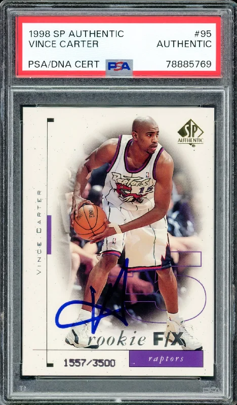 Basketball cards verified-rarity -Vince Carter Autographed 1998-99 Upper Deck SP Rookie Card #95 Toronto Raptors #1557/3500 PSA/DNA #78885769