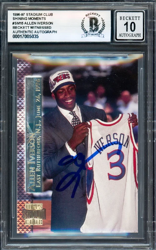 Basketball cards convention-rarity -Allen Iverson Autographed 1996-97 Stadium Club Shining Moments Rookie Card #SM15 Card Philadelphia 76ers Auto Grade Gem Mint 10 Beckett BAS Witness