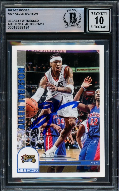 Basketball cards gift-rarity -Allen Iverson Autographed 2022-23 Hoops Card #297 Philadelphia 76ers Auto Grade Gem Mint 10 Beckett BAS Witnessed #16562124