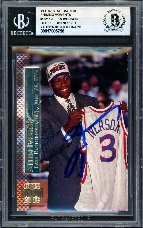 Basketball cards overvalued-rarity -Allen Iverson Autographed 1996-97 Stadium Club Shining Moments Rookie Card #SM15 Philadelphia 76ers Beckett BAS Witness #17005756