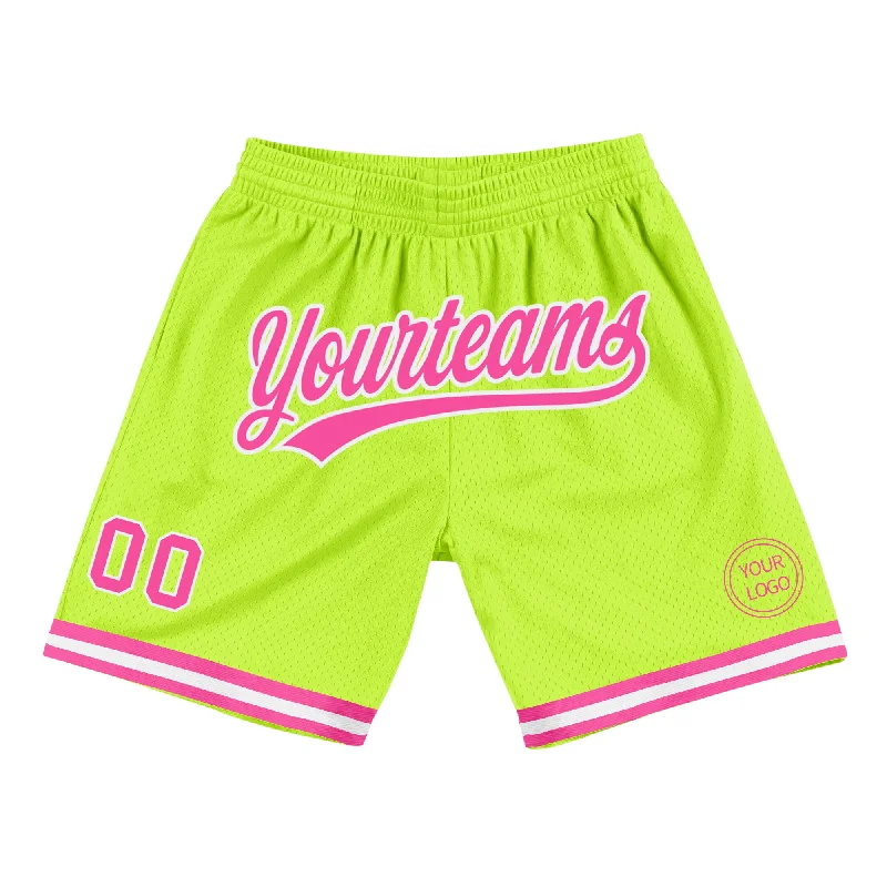 Men's basketball shorts pro sale -Custom Neon Green Pink-White Authentic Throwback Basketball Shorts