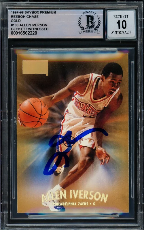 Basketball cards resale-rare -Allen Iverson Autographed 1997-98 Skybox Premium Reebok Gold Card #100 Philadelphia 76ers Auto Grade Gem Mint 10 Beckett BAS Witnessed #16562228