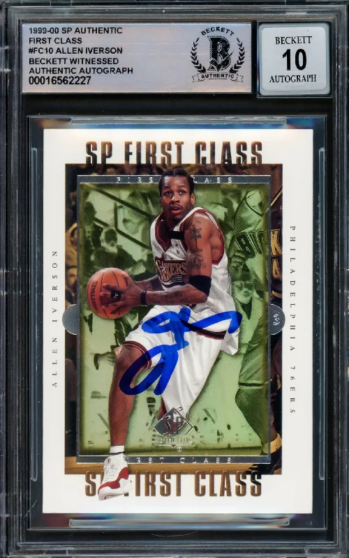 Basketball cards pack-exclusive -Allen Iverson Autographed 1999-00 SP Authentic First Class Card #FC10 Philadelphia 76ers Auto Grade Gem Mint 10 Beckett BAS Witnessed #16562227