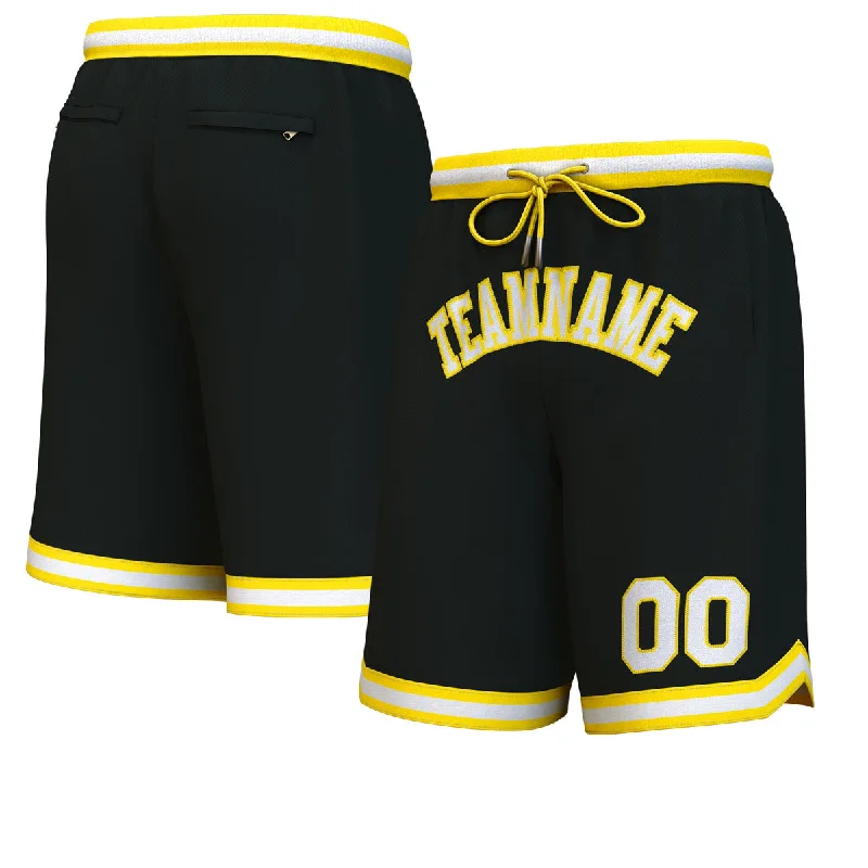 Men's basketball shorts name embroidery -Custom Black Yellow-White Personalized Basketball Shorts