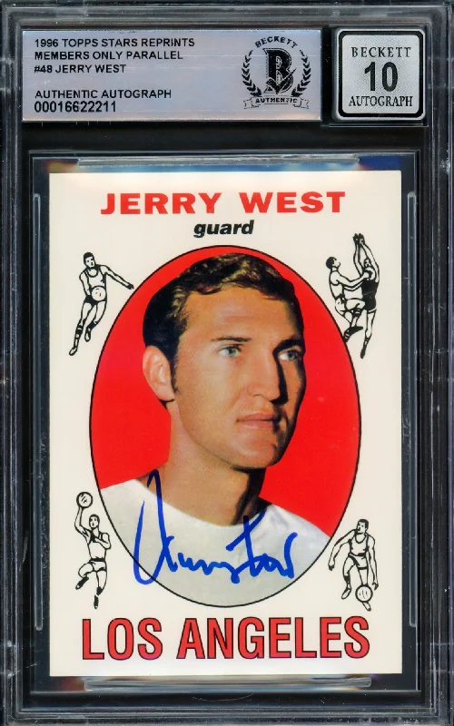 Basketball cards collector-favorite -Jerry West Autographed 1996 Topps Stars Reprints Members Only Parallel Card #48 Card Los Angeles Lakers Auto Grade Gem Mint 10 Beckett BAS